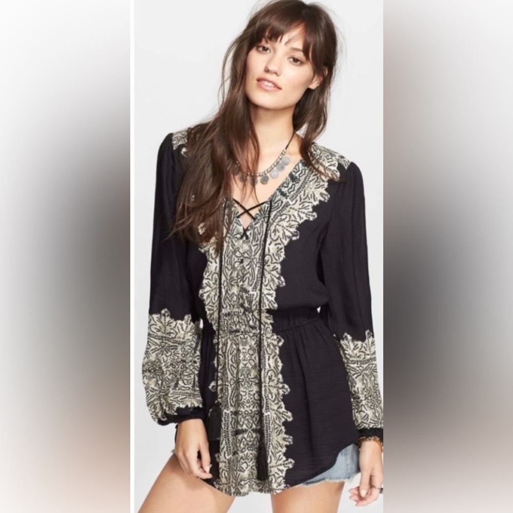 Free People Black and Cream Women's Top